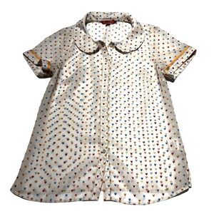 Modcloth Heart Print Blouse Button Up Shirt Sheer Short Sleeve Peter Pan Collar
